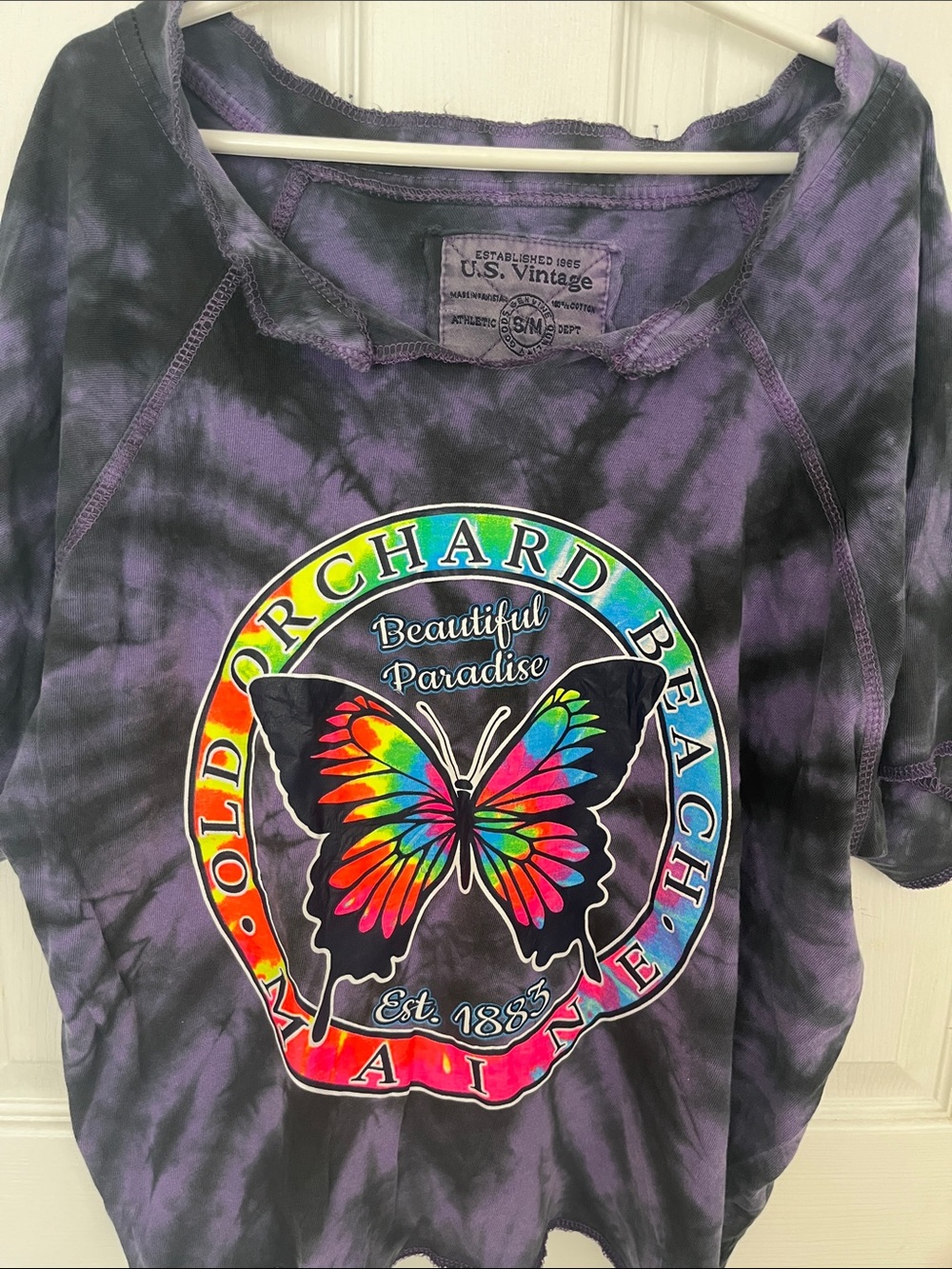 U.S. Vintage Purple and Black Tie-Dye Butterfly Crop Top Old Orchard Beach